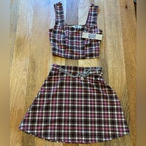 Madden NYC 2-Piece Set – Size XS | Plaid Crop Top & Skirt w/ Heart Chain | NWT